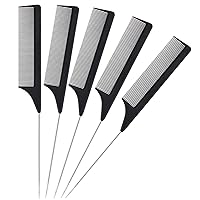 5 Packs Professional Heat Resistant Pintail Comb for Parting Hair, Barber Styling Hair Parting Rattail Comb with Metal Pick, Black Anti Static Carbon Fiber Fine Tooth Rat Tail Combs for Hair Stylist