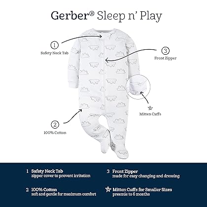 Gerber Unisex Baby 4 Pack Sleep 'N Play Footie Sheep Grey 0-3 Months