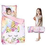 Toddler Nap Mat with Removable Pillow and Blanket, Soft Kids Napping Mats Extra Large Rolled Sleeping Mats for Daycare and Preschool, Travel and Camping, Pink Unicorn Ages 3-7 Years, Girls