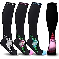 Physix Gear Sport 4 Pairs of Compression Socks for Men & Women in (Black/Grey Flowers + Black/Blue Flowers + Black/Pink Flowers + Black/Pink) L-XL Size
