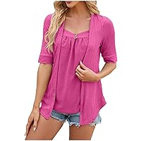 Women's Ruched V Neck Tops Summer Casual Puff Short Sleeve T Shirts Loose Fit Solid Color Tunics 2024 Comfy Dressy Blouses