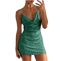 Women's Sexy Sequin Dress Sphagetti Strap Sparkly Glitter Ruched Party Club Dress Wrap V-Neck Bodycon Mini Dresses