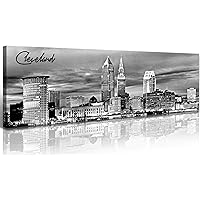 Cleveland Skyline Decor Wall Art Canvas Prints Black and White Night View USA Cityscape Panoramic Painting for Bedroom Office Framed and Ready to Hang 13.8