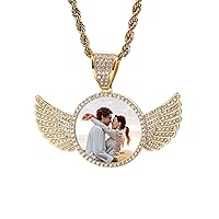 Personalized Photo Angel Wing Necklace Custom Silver/Gold Memorial Necklace with Picture/Text Customized Picture Round/Heart Pendant Necklace Jewelry Gifts for Men Women (18-30 Inches Chain)