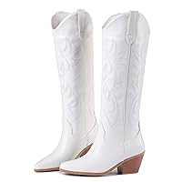 Cowboy Boots for women,Womens Embroidered Knee High Western Cowboy Boots,Comfortable Fashionable Pointed Toe Chunky Heel Wide Calf Boots