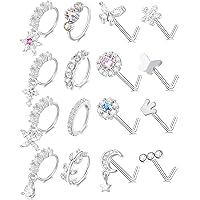 Tornito 16Pcs Dangle Hoop Nose Ring L Shape Nose Stud CZ Butterfly Flower Leaf Dangle Heart Moon Crown Nose Ring Nostril Piercing Jewelry for Women Silver Gold Tone 20G