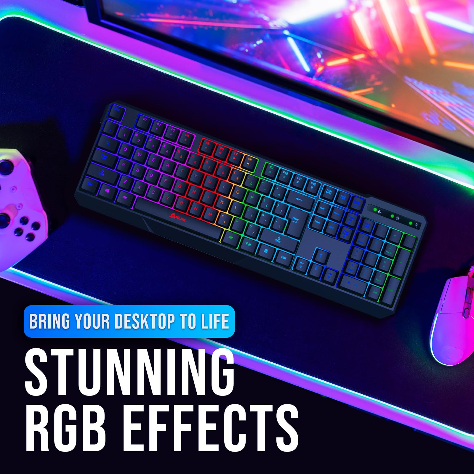 KLIM Chroma Wireless Gaming Keyboard RGB - New 2023 - Long-Lasting Rechargeable Battery - Quick & Quiet Typing - Water Resistant Backlit Wireless Keyboard - Teclado Gamer - PC PS5 PS4 Xbox One Mac