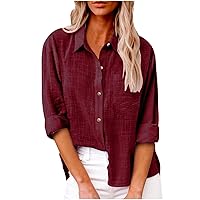 Casual Cotton Linen Button Down Shirts for Women Lapel V Neck Long Sleeve Summer Blouse Top Plain Tees with Pocket