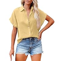 Womens Linen Button Down Shirts Cap Sleeve Button Up Shirts Casual Trendy V Neck Summer Batwing Short Sleeve Blouse Top 2024