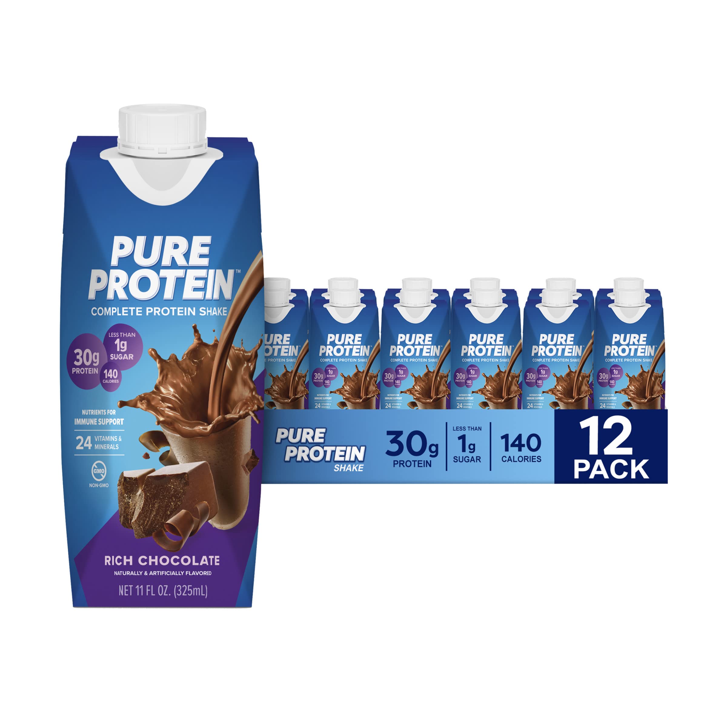 Pure Protein Chocolate Protein Shake, 30g Complete Protein, Ready to Drink and Keto-Friendly, Vitamins A, C, D, and E plus Zinc to Support Immune Health, 11oz Bottles, 12 Pack