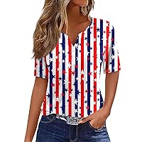 4th of July Shirts,Women's Fashion Casual Independence Day Printed V-Neck Short Sleeve Decorative Button T-Shirt Top