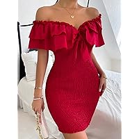 Fall Dresses for Women 2023 Tie Front Off Shoulder Ruffle Trim Shirred Bodycon Dress Dresses for Women (Color : Rose Red, Size : Small)