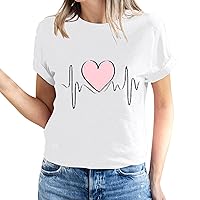 Valentines Day Casual Tops for Women Love Heart Print T-Shirt Short Sleeve Crewneck Blouses 2024 Lover Gift Tees