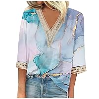 Lace Ladies Tops and Blouses 3/4 Sleeve Floral Feather Printed Tees Shirt V Neck Loose Party Clothes Fall Summer