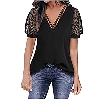 Shirts for Women Trendy Summer Lace Floral Print Tops T-Shirts V Neck Short Puff Sleeve Blouses Tee Party Clothes
