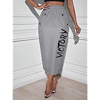 Women's Letter Graphic Button Detail Skirt (Color : Gray, Size : Small)