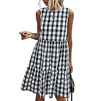 PRETTYGARDEN Women's Casual Plaid Sleeveless Ruffle Sundress Round Neck A-Line Pleated Mini Short T Shirt Dress with Pockets