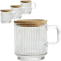 Lysenn Glass Coffee Mugs Set of 4 - Premium Classical Vertical Stripes Glass Cups with Lid - for Latte, Tea, Chocolate, Juice, Water - Lead-Free - Bamboo Lid – Clear
