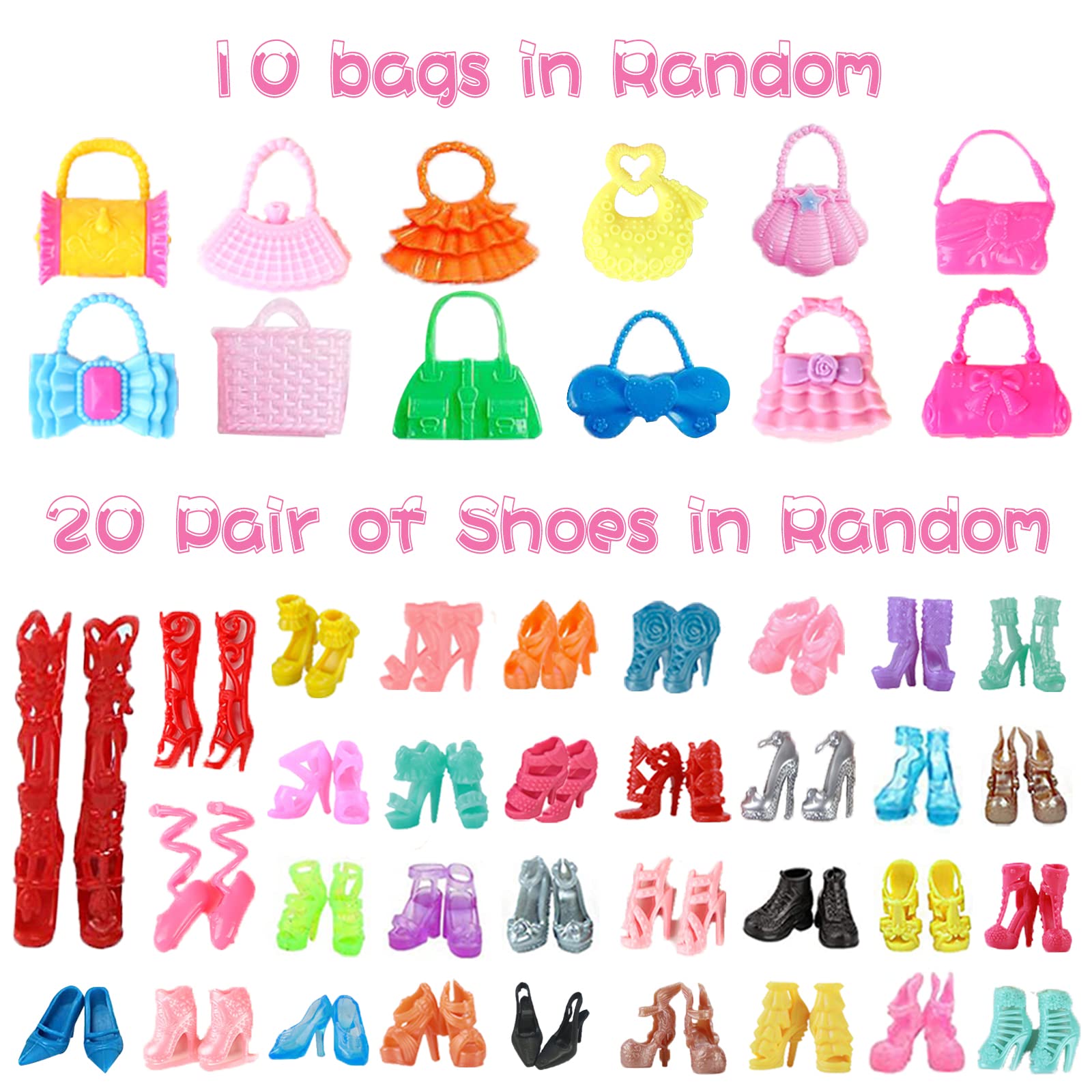 96 PCS Doll Clothes and Accessories for Barbie 11.5 inch Doll 16 Slip Dresses 20 Pair of Shoes 10 Handbags 30 Jewelry Accessories Fashion Outfits Necklace Mirror Earring Crown Hanger in Random