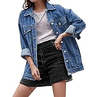 Oversize Denim Jacket For Women - Casual Trucker Style Trendy Fashion Womens Blue Jean Jackets