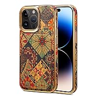 Cork Wood Case for iPhone 13 Pro Max,Bohemian Style Flower Language Plating Full Coverage Protection Bumper Cover with Non-Removable Card Pack