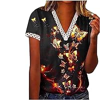 Women Butterfly/Flower Print Tops Hollow Out Lace Trim Short Sleeve V-Neck T-Shirts Summer Fashion Casual Loose Tees