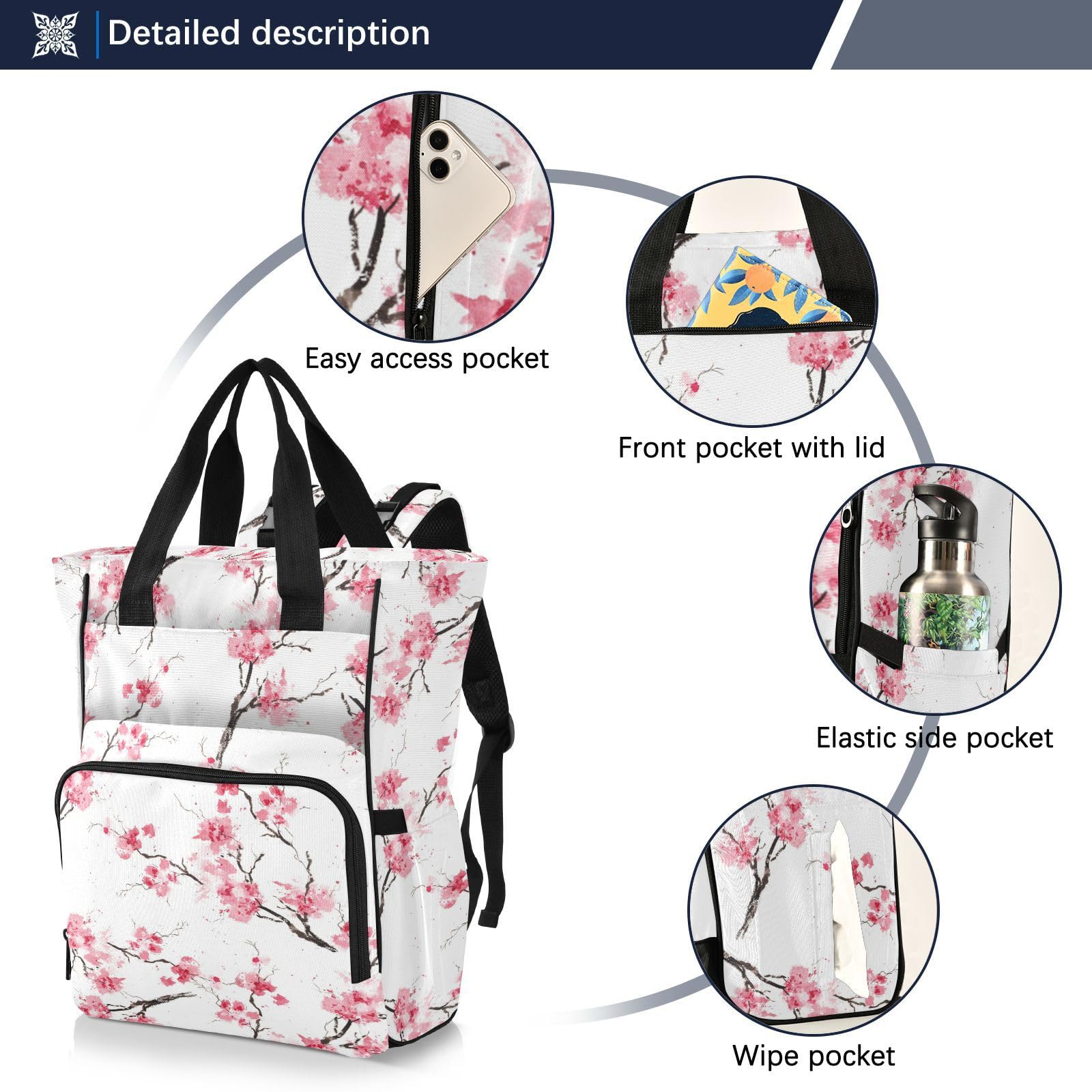 innewgogo Cherry Blossom Diaper Bag Backpack for Men Women Large Capacity Baby Changing Totes with Three Pockets Multifunction Baby Essentials for Picnicking Playing