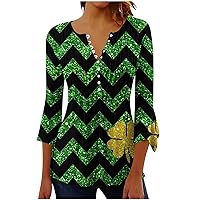 St Patricks Day Tunic Tops Womens Button Down Elegant Henley Shirts 3/4 Bell Sleeve Pleated Front Green Irish Blouse