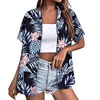 Women Hawaiian Shirt Soft Cool Summer Hawaii Shirts Floral Tropic Print V Neck T-Shirt Short Sleeve Button Up Tops