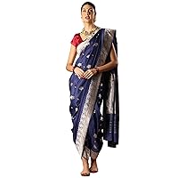 Navy Blue Banarasi Handloom Silk Zari Brocade Saree - Banarasi Silk