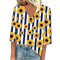 Summer Tops for Women 2024,Sunflower Printing Tshirt 3/4 Length Sleeve V Neck Casual Tops Loose Casual Blouse