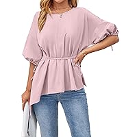 HUHOT Blouses for Women Dressy Casual Summer Tops Cute Going Out Tops Round Neck Lantern Sleeve with Waistband