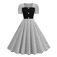 Women's Western Dress Hem Polka Dot Print Dress Patchwork Button Decoration Dress Back Zipper Summer Dresses