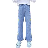 TiaoBug Kids Girls Colorful Butterflies Print Washed Jeans Wide Straight Leg Denim Pants Distressed Denim Trousers