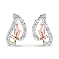 Rose-14K Yellow Gold Plated Round AAA+ Cubic Zirconia Leaf Design Stud Earrings For Women