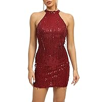 2023 Women's Burgundy Sequin Halter Neck Bodycon Dress for Party with Fringe and Zipper Details Liaoruay