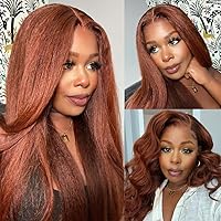 Hair Reddish Brown Kinky Straight Wig Human Hair 13x4 Lace Front Red Brown Auburn Yaki Straight Wigs Pre Plucked with Baby Hair Affordable #33B Color Wig 150% Density 18inch