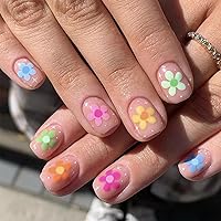 24pcs Spring Flower Press on Nails Short Square Flowers Fake Nails Glossy Pink Acrylic Glue on Nails Cute Colorful Floral Design Reusable Stick on Nails for Women DIY Nude Manicure Decoration