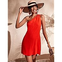 Women's Casual Ladies Comfort Dresses Solid One Shoulder Dress Leisure Perfect Comfortable Eye-catching (Color : Orange, Size : Small)