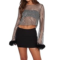 Women Sexy Off Shoulder Y2k Aesthetic Shirt Sheer Mesh Feather Sleeve See Through Shirt Cropped Tops Streetwear Blouse
