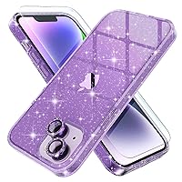 Choiche Compatible for iPhone 14 Case Cute, Women Clear Glitter Bling Sparkly Case, [2 x Diamond Camera Lens Protectors] [2 x Tempered Glass Screen Protectors] 6.1-inch (Glitter Purple)