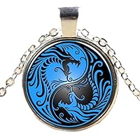 Black & Blue Yin Yang Dragon Cabochon Pendant Necklace
