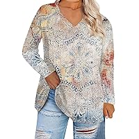Plus Size Tops for Women Floral Print Casual 2023 Trendy Long Sleeve V Neck Loose Blouses Oversized Shirts （XL-5XL）