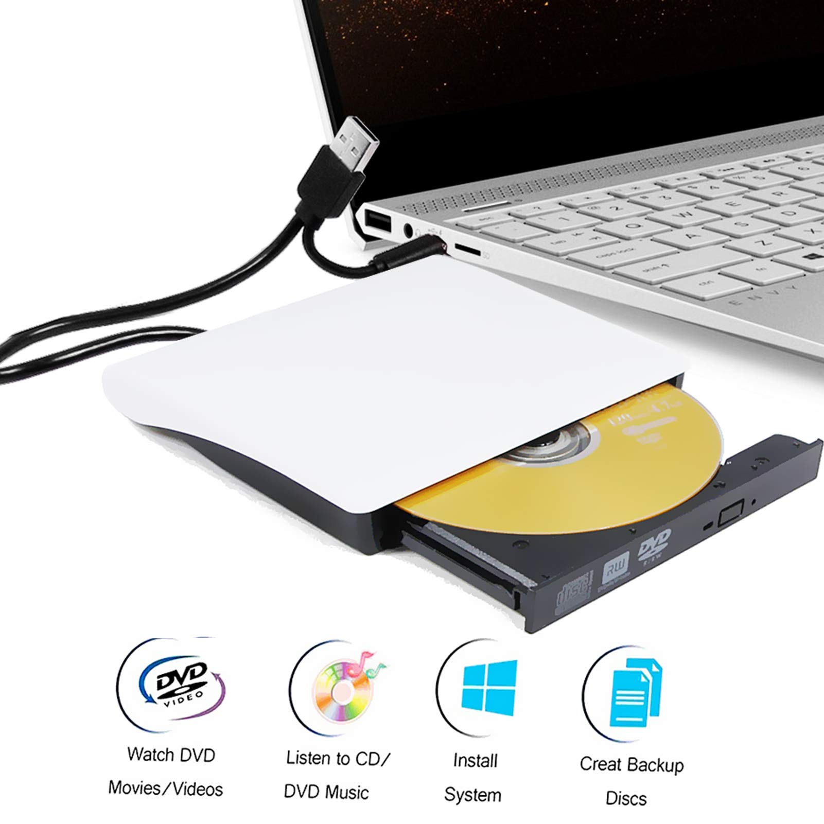 Valley Of The Sun 2-in-1 USB-C External DVD CD-ROM Player Optical Drive, for Windows 10 7 8 Vista Pro Home Mac OS Laptop & Desktop Computers, Portable Pop-Up DVD-RW CD-R Disc Reader, White New in Box