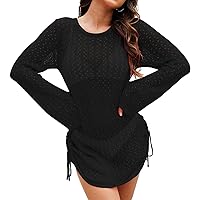 Pink Queen Women Crochet Swimsuit Cover Up Long Sleeve Beach Dress Knit Cover Ups for Bathing Suits Tops
