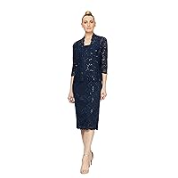 S.L. Fashions Women's Tea Length Sequin Lace Dress with Illusion Sleeve Jacket