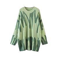 Women's Long Sleeve Crew Neck Striped Casual Color Block Fluff Ripped Comfy Loose Oversized Knitted Pullover Sweater