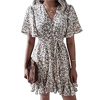Women's Casual Dresses Floral Print V Neck Short Sleeve Ruffle Hem Summer Tunic Dress Fit Flowy Pleated 1950 Gifts