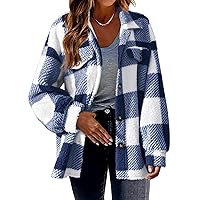 Women's Flannel Plaid Shacket Fashion Long Sleeve Button Down Shirts Jacket Coats With Side Pockets