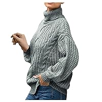 TUNUSKAT Womens Chunky Cable Knit Sweater Fashion Solid Balloon Sleeve Tops Pullover Casual Baggy Turtleneck Tunic Jumper